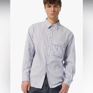 Cross Eyed Moose oversized shirt Men's XL Striped Button-Up Sky w Red stripe NWT